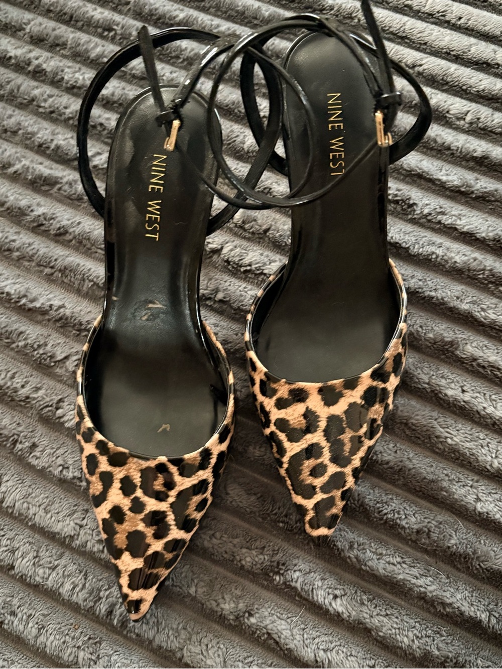 Nine West Leopard Print Pointed Toe Ankle Strap Heels - Black/Tan
